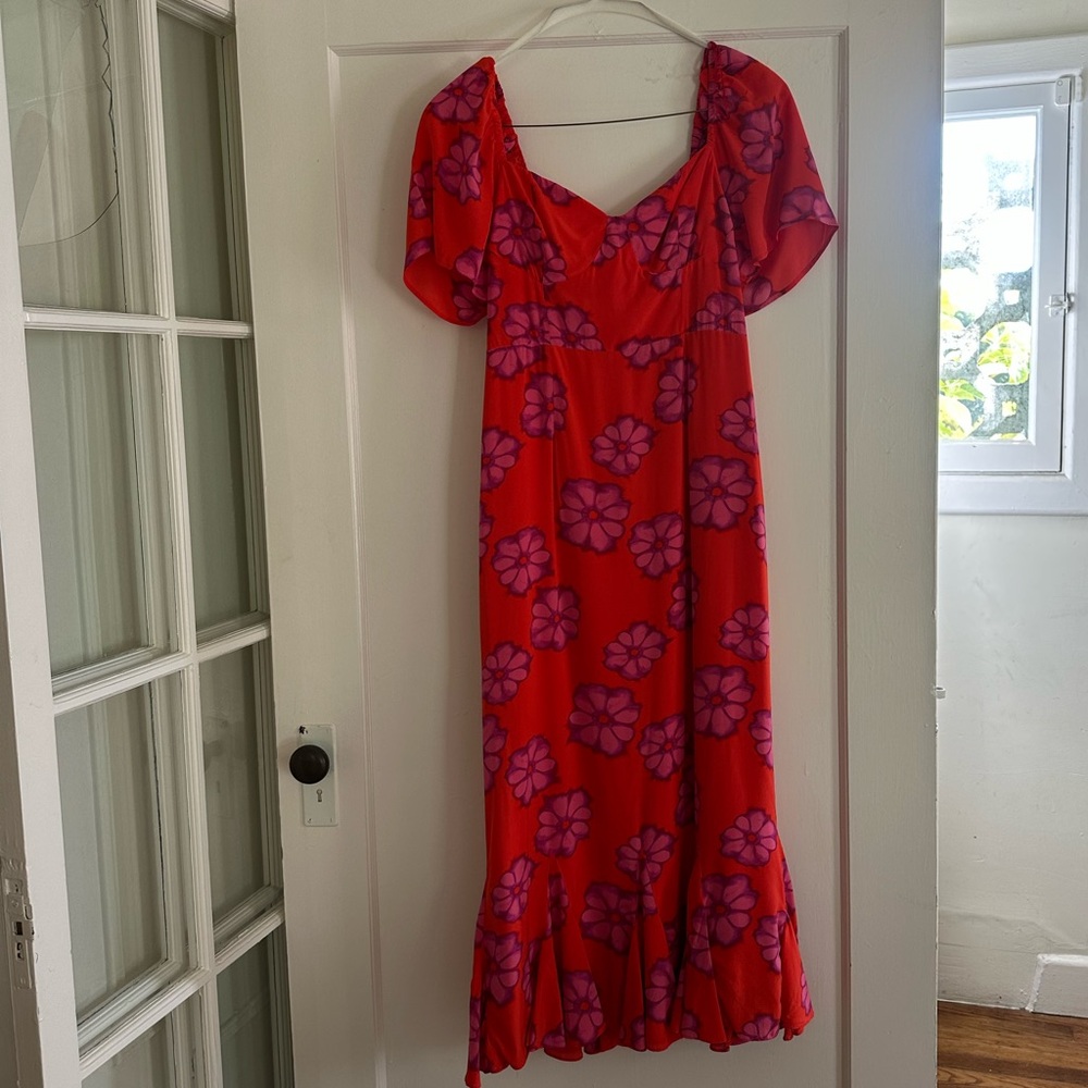 RHODE Red and Pink Ruffled Midi Dress with Puff Sleeves - Picture 8 of 10